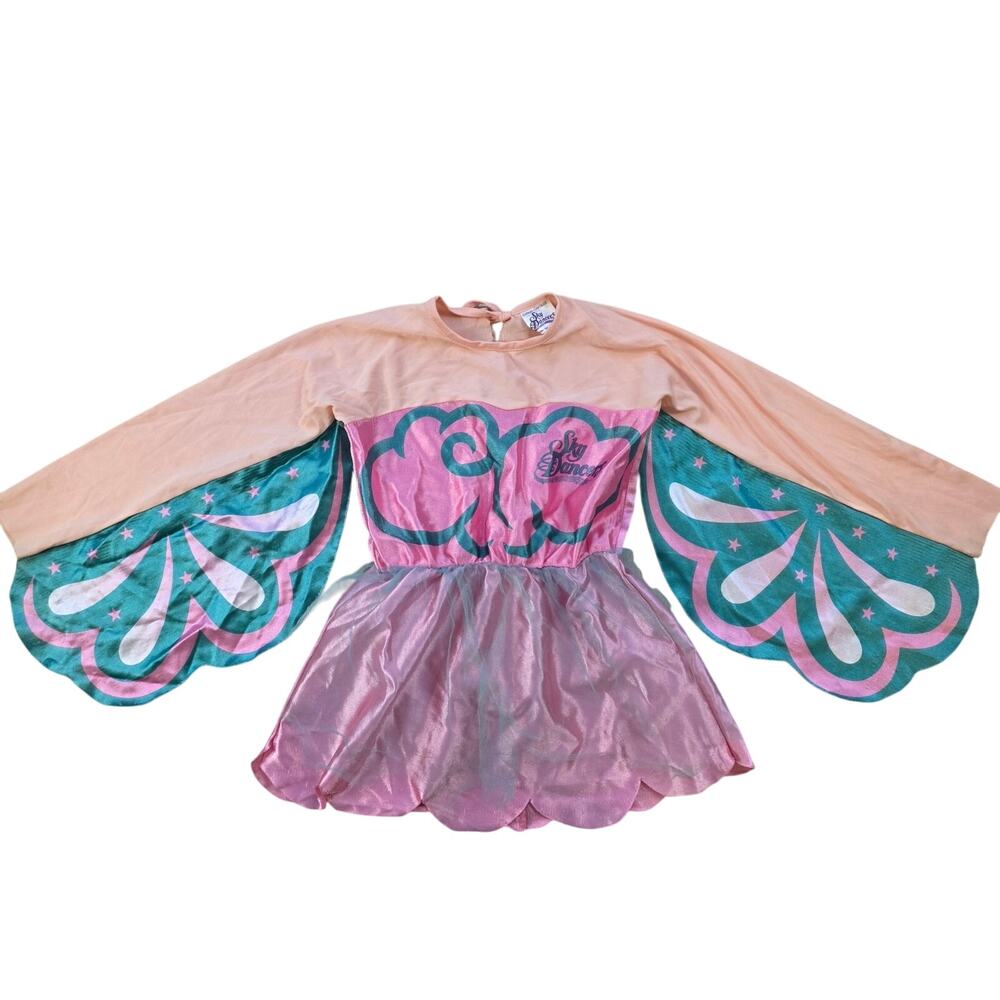 Vintage 90s Fairy Wing Dress Pink Teal Metallic Costume Size 4-6 Made in USA